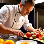 **Prompt:** A French chef in a modern kitchen, meticulously arranging ingredients for a complex dish. Focus on the vibrant colors of the food and the chef's intense concentration. Style: Photo-realistic, with warm lighting.