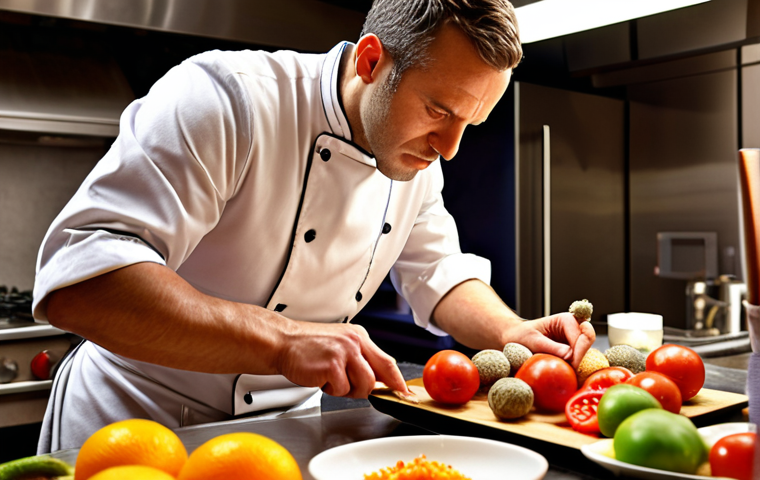 **Prompt:** A French chef in a modern kitchen, meticulously arranging ingredients for a complex dish. Focus on the vibrant colors of the food and the chef's intense concentration. Style: Photo-realistic, with warm lighting.