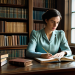 A professional female literary translator, fully clothed in a modest elegant blouse and tailored trousers. She is seated thoughtfully at a classic wooden desk, surrounded by stacks of diverse language books and open notebooks, with a quill pen in her well-formed hand. The background is a soft-lit, classical library interior with tall bookshelves stretching into the distance, conveying depth and knowledge. A subtle glow emanates from a window, suggesting inspiration and intellect. safe for work, appropriate content, professional dress, perfect anatomy, correct proportions, natural pose, proper finger count, natural body proportions, professional photography, high detail, warm lighting, deep focus, soft textures, academic aesthetic.