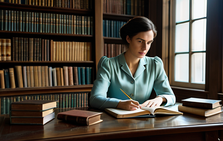 A professional female literary translator, fully clothed in a modest elegant blouse and tailored trousers. She is seated thoughtfully at a classic wooden desk, surrounded by stacks of diverse language books and open notebooks, with a quill pen in her well-formed hand. The background is a soft-lit, classical library interior with tall bookshelves stretching into the distance, conveying depth and knowledge. A subtle glow emanates from a window, suggesting inspiration and intellect. safe for work, appropriate content, professional dress, perfect anatomy, correct proportions, natural pose, proper finger count, natural body proportions, professional photography, high detail, warm lighting, deep focus, soft textures, academic aesthetic.
