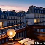 고전 문학 필독서 추천 - A cozy, warmly lit Parisian library interior filled with tall wooden bookshelves packed with classic...