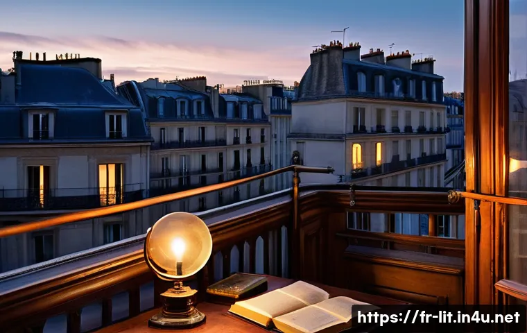 고전 문학 필독서 추천 - A cozy, warmly lit Parisian library interior filled with tall wooden bookshelves packed with classic...