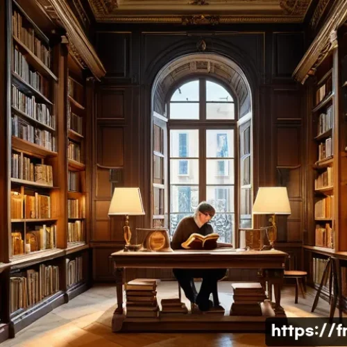 문학 비평 이론 - A cozy, warmly lit French library scene featuring diverse readers deeply engaged in books, each pers...
