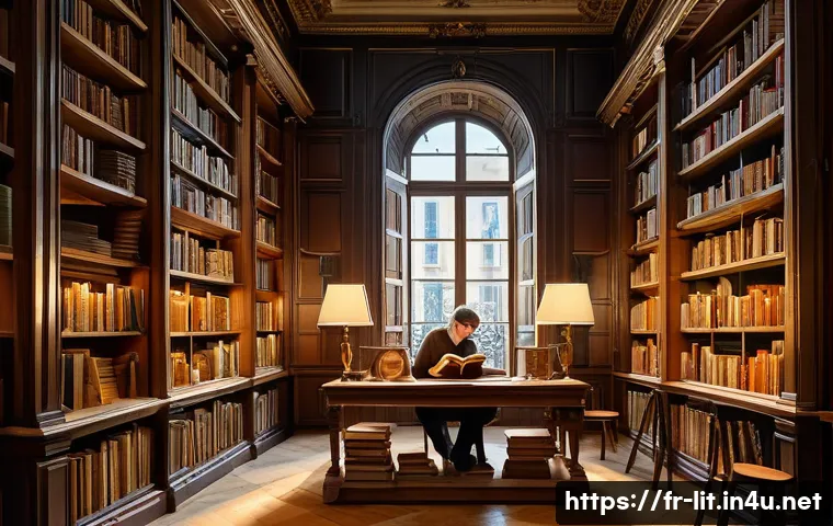 문학 비평 이론 - A cozy, warmly lit French library scene featuring diverse readers deeply engaged in books, each pers...