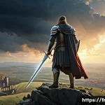 서사시와 서정시 비교 - A grand epic scene depicting a noble hero clad in ornate medieval armor standing atop a hill overloo...