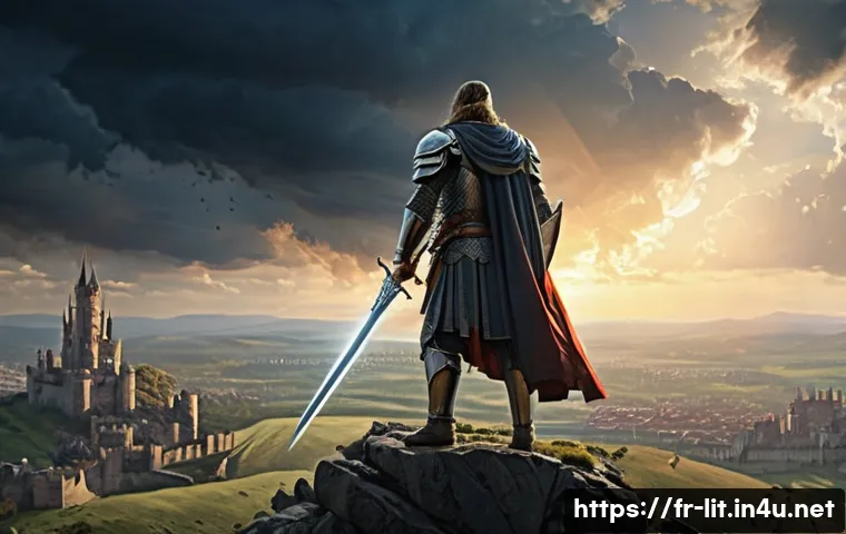 서사시와 서정시 비교 - A grand epic scene depicting a noble hero clad in ornate medieval armor standing atop a hill overloo...