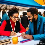 21세기 문학 트렌드 - A vibrant urban multicultural literary festival scene at sunset in Paris, showcasing diverse authors...