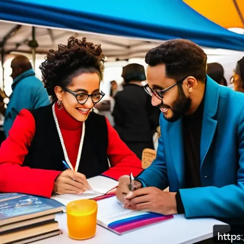 21세기 문학 트렌드 - A vibrant urban multicultural literary festival scene at sunset in Paris, showcasing diverse authors...