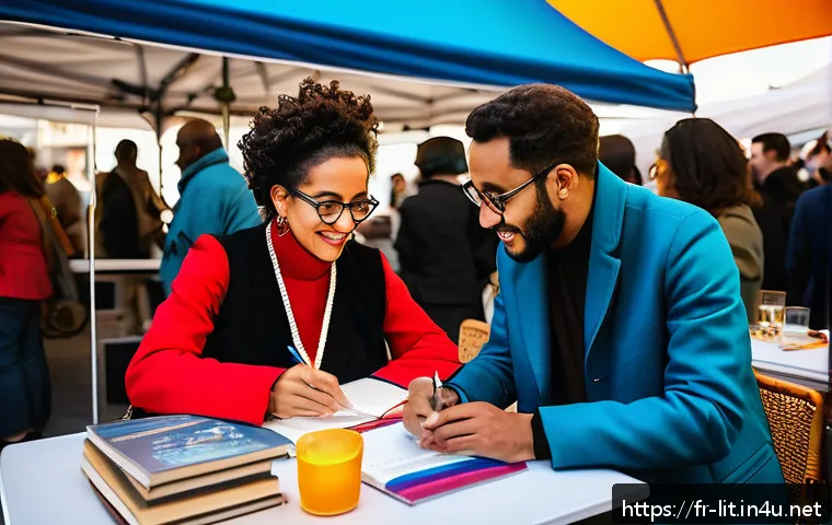 21세기 문학 트렌드 - A vibrant urban multicultural literary festival scene at sunset in Paris, showcasing diverse authors...